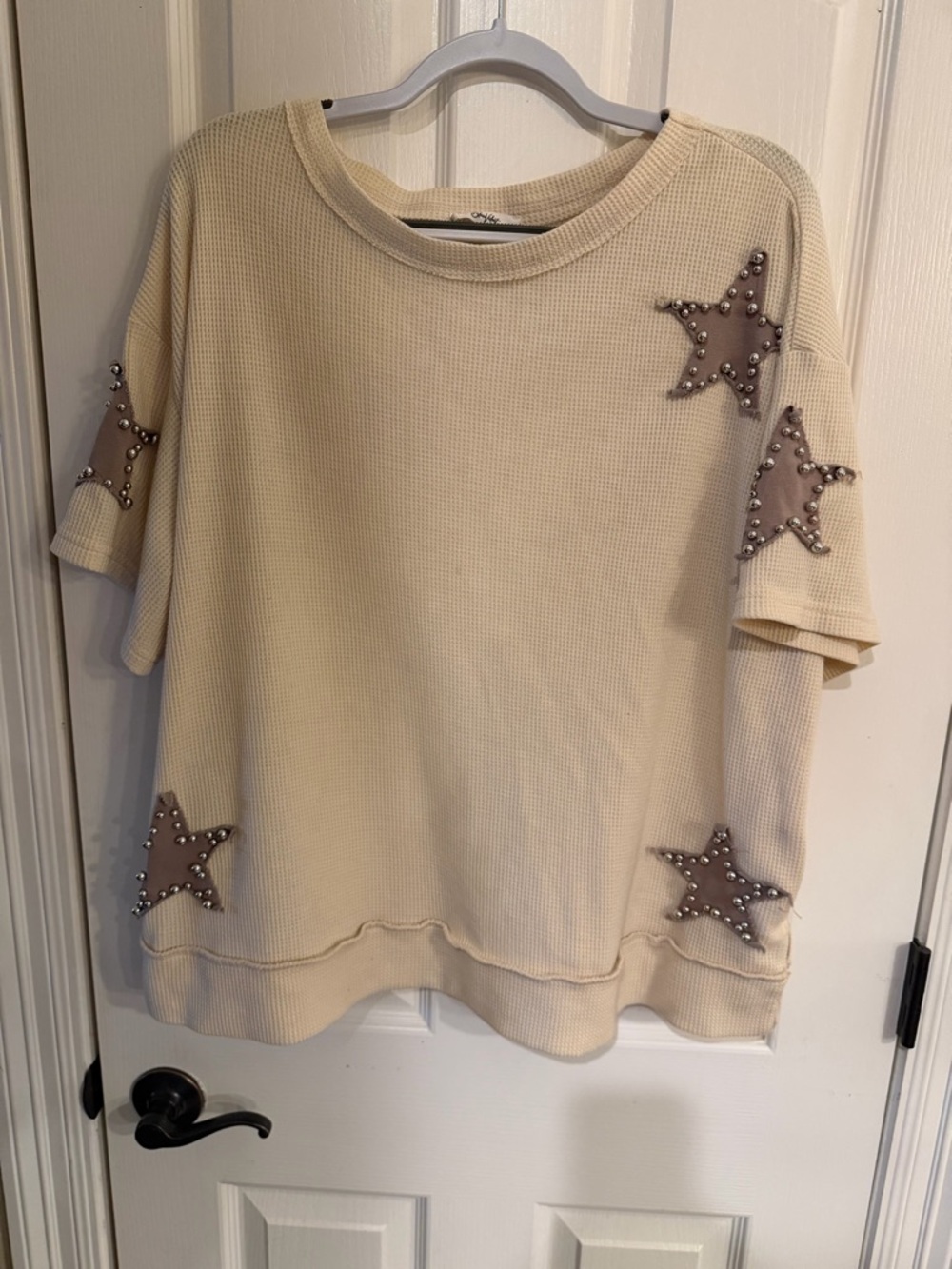 Blue Velvet Waffle Beige Studded Star Short Sleeve Sweatshirt